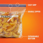 Close-up of a sealed Hefty freezer bag of frozen peach slices highlighting double zipper, easy grip and expandable bottom.