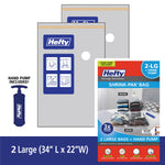 Illustration of two Hefty vacuum storage bags and included hand pump with product insert and size callout.