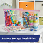 Two clear Hefty storage bags on a tabletop labeled for craft supplies and paints against shelving in the background