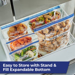 Freezer drawer view with multiple Hefty labeled bags storing muffins, veggies and chicken for frozen storage
