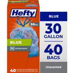 Hefty boxed package showing blue 30 gallon trash bags with graphic panel reading 30 gallon and 40 bags.