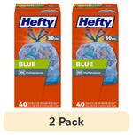 Two Hefty boxed packages of blue 30-gallon trash bags shown side by side with a 2 pack label beneath.