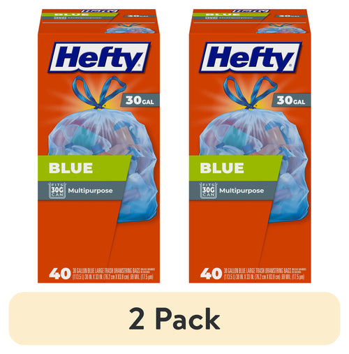 Two Hefty boxed packages of blue 30-gallon trash bags shown side by side with a 2 pack label beneath.