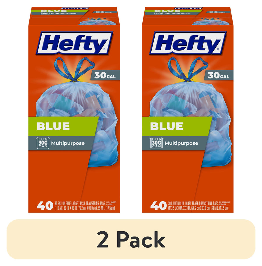 Two Hefty boxed packages of blue 30-gallon trash bags shown side by side with a 2 pack label beneath.