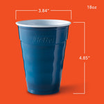 Single blue Hefty party cup on orange background with dimensions and 18 oz callout