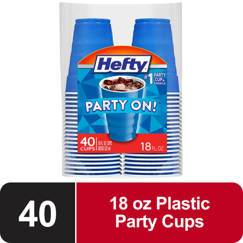 Packaged stack of blue Hefty Party On disposable cups with product label showing a filled cup