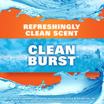 Blue water splash graphic over orange background with bold text proclaiming a refreshingly clean scent 'Clean Burst'
