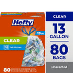 Hefty orange retail box showing a clear tied trash bag filled with recyclables and a vertical panel reading 13 gallon, 80 bags