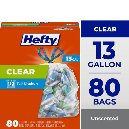Hefty orange retail box showing a clear tied trash bag filled with recyclables and a vertical panel reading 13 gallon, 80 bags