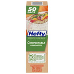 Tall product box for Hefty compostable sandwich bags showing branding, sandwich image and 50 bags label