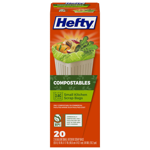 Front-facing Hefty Compostables box on white background showing orange packaging and 'COMPOSTABLES' label.