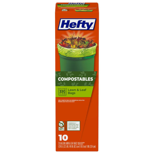 Single tall Hefty Compostables lawn & leaf bag box with green bag-in-can illustration and orange branding