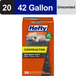Boxed Hefty Contractor trash bag packaging showing brand logo and product image on orange background
