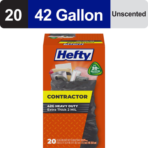 Boxed Hefty Contractor trash bag packaging showing brand logo and product image on orange background