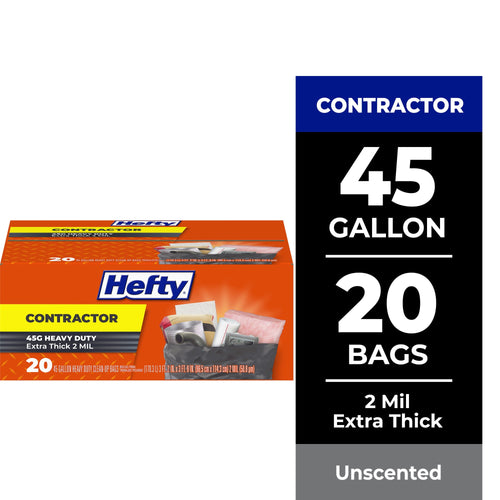 Hefty contractor 45 gallon trash bag box with orange packaging and product image of a filled black bag