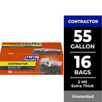 Hefty contractor trash bag box packaging showing orange box with Hefty logo and black trash bag image