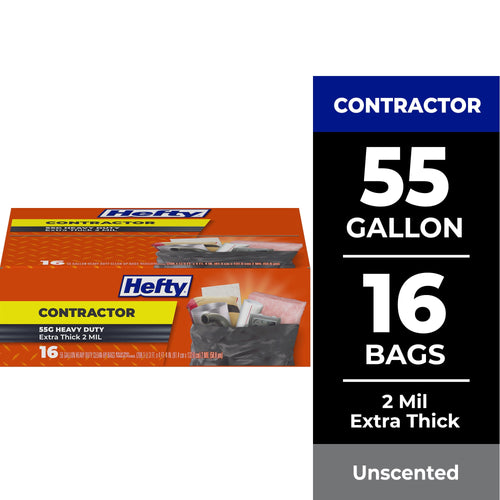 Hefty contractor trash bag box packaging showing orange box with Hefty logo and black trash bag image
