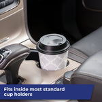 Hefty gray lattice-pattern disposable cup with black lid seated in a car cup holder near gear shift