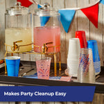 Beverage station with Hefty patriotic clear printed cups and solid red, white and blue stacks beside drink dispensers