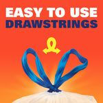 Close-up graphic of a tied blue drawstring on a white clear trash bag with text proclaiming easy to use drawstrings