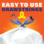Close-up graphic of a tied blue drawstring on a textured white trash bag with headline 'Easy to Use Drawstrings'