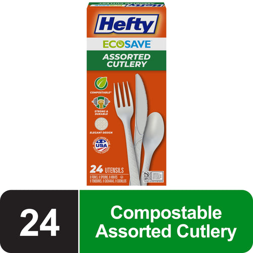 Tall retail box of Hefty ECOSAVE assorted compostable cutlery with fork, knife, and spoon artwork