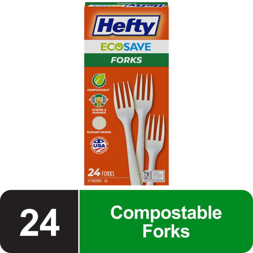 Hefty ECOSAVE fork package with three illustrated forks and compostable badge on orange box showing 24 count label