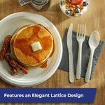 Tabletop breakfast scene with pancakes and Hefty ECOSAVE patterned fork, knife and spoon on a napkin