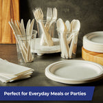 Clear cups holding Hefty ECOSAVE compostable forks, knives and spoons beside stacked disposable plates and napkins