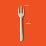 Single white compostable fork with lattice-patterned handle shown against orange background with 6.59" dimension callout