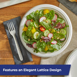 White patterned compostable fork beside a napkin next to a salad bowl on a wooden table, product feature banner