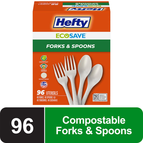 Hefty ECOSAVE product box showing compostable forks and spoons with orange packaging and 96 count label