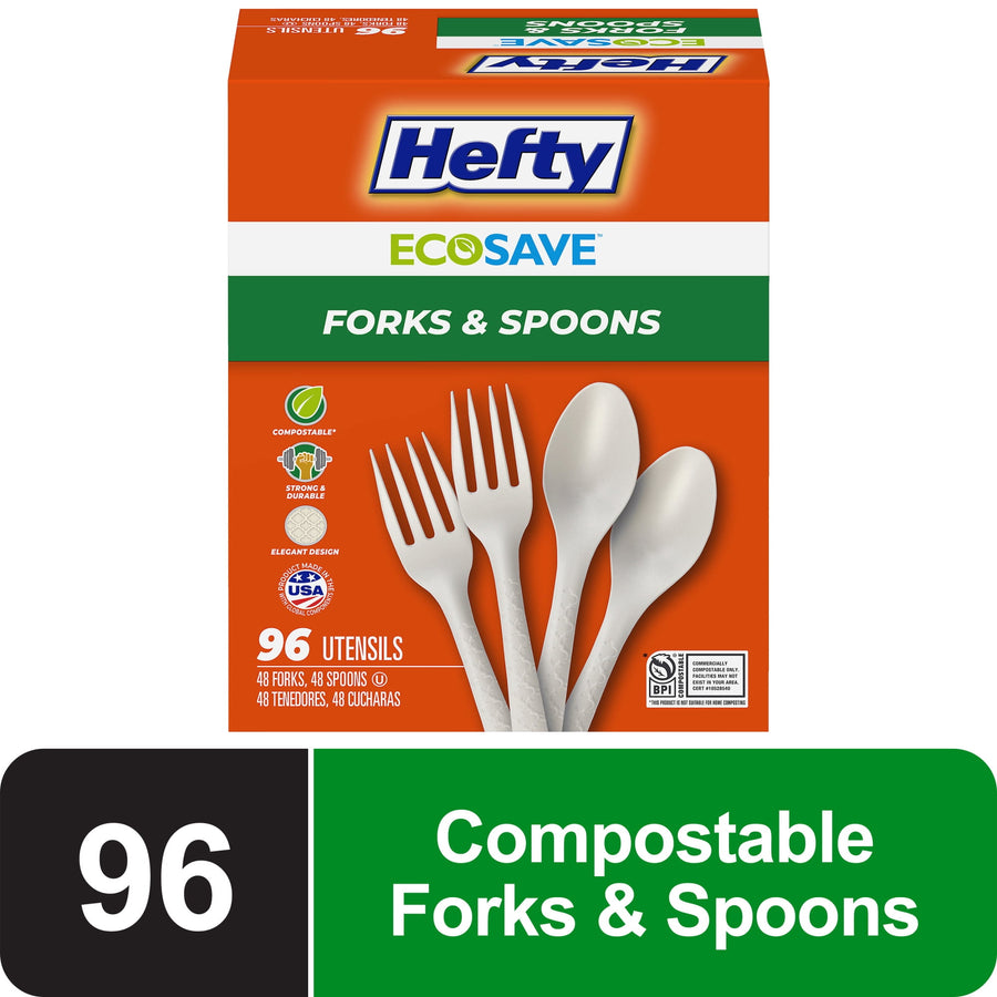 Hefty ECOSAVE product box showing compostable forks and spoons with orange packaging and 96 count label