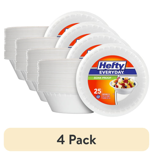 Stacks of white Hefty Everyday soak-proof foam bowls with branded label and a “4 Pack” callout