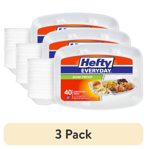 Stack of three Hefty Everyday soak-proof white compartment foam trays with product label visible