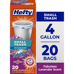 Hefty box packaging showing small 4-gallon drawstring trash bags with Fabuloso lavender scent branding and product count