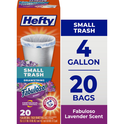 Hefty box packaging showing small 4-gallon drawstring trash bags with Fabuloso lavender scent branding and product count