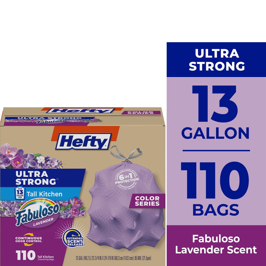 Hefty cardboard box packaging showing purple Fabuloso lavender tall kitchen trash bags and product callouts