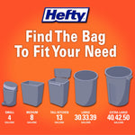 Orange Hefty chart titled 'Find The Bag To Fit Your Need' showing silhouettes of bins with gallon size labels beneath each icon