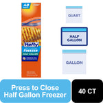 Tall product box artwork for Hefty freezer half gallon bags with branding and icons on orange background.