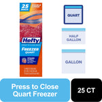 Hefty freezer quart box artwork showing packaging front with 25 bags callouts
