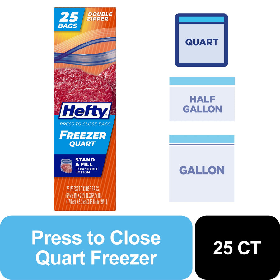 Hefty freezer quart box artwork showing packaging front with 25 bags callouts