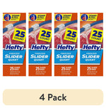 Four Hefty Freezer Slider Quart pack front panels showing 25 count label and slider zipper