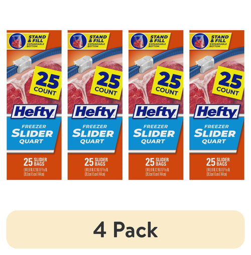 Four Hefty Freezer Slider Quart pack front panels showing 25 count label and slider zipper