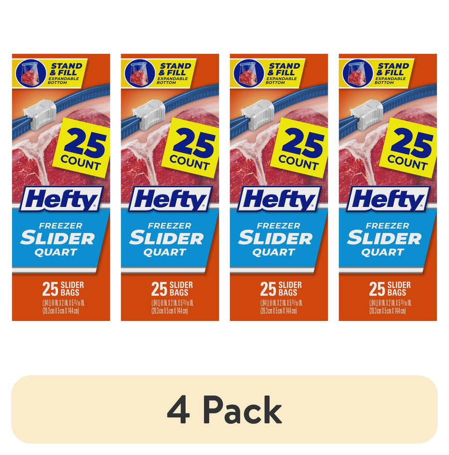 Four Hefty Freezer Slider Quart pack front panels showing 25 count label and slider zipper