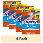 Four Hefty Freezer Slider quart pack boxes arranged with a 75 count badge and zipper graphic