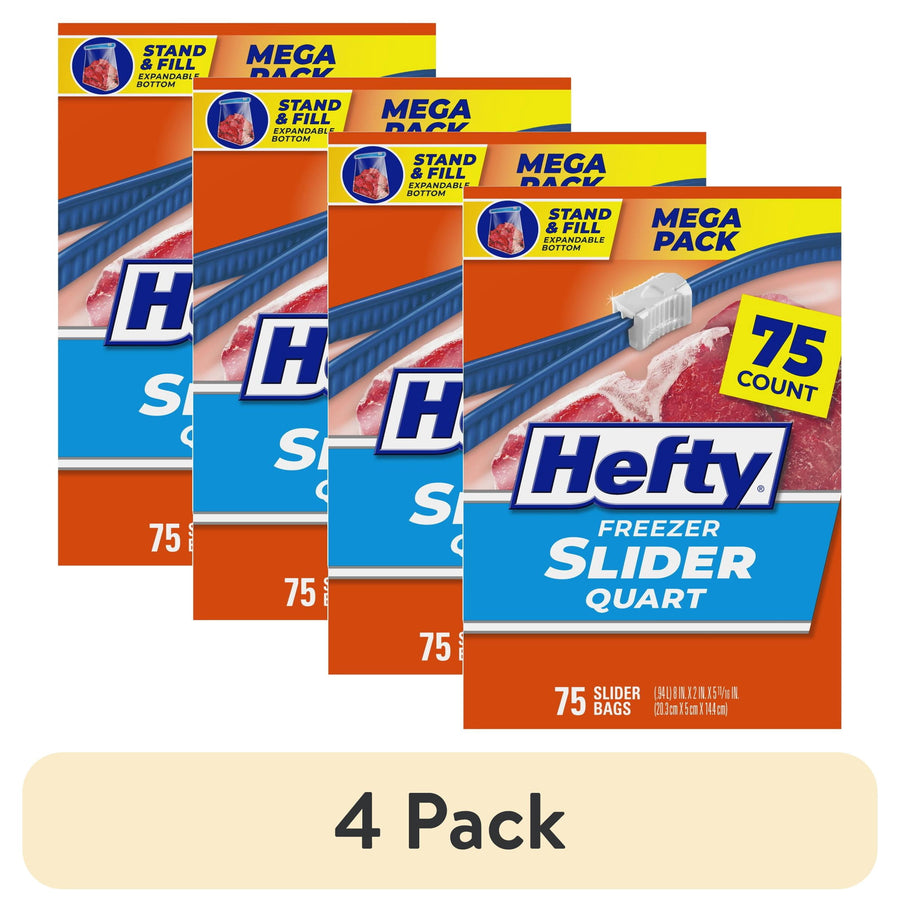 Four Hefty Freezer Slider quart pack boxes arranged with a 75 count badge and zipper graphic