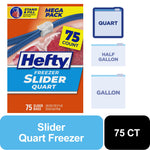 Hefty Freezer Slider quart box front with 75 count badge and icons for quart, half gallon and gallon sizes