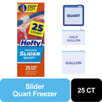 Hefty freezer slider quart package graphic with 25 count badge and bag size icons