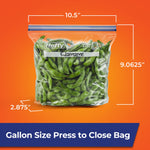Hefty gallon freezer bag labeled edamame with dimensions called out: 10.5" width, 9.0625" height and 2.875" depth